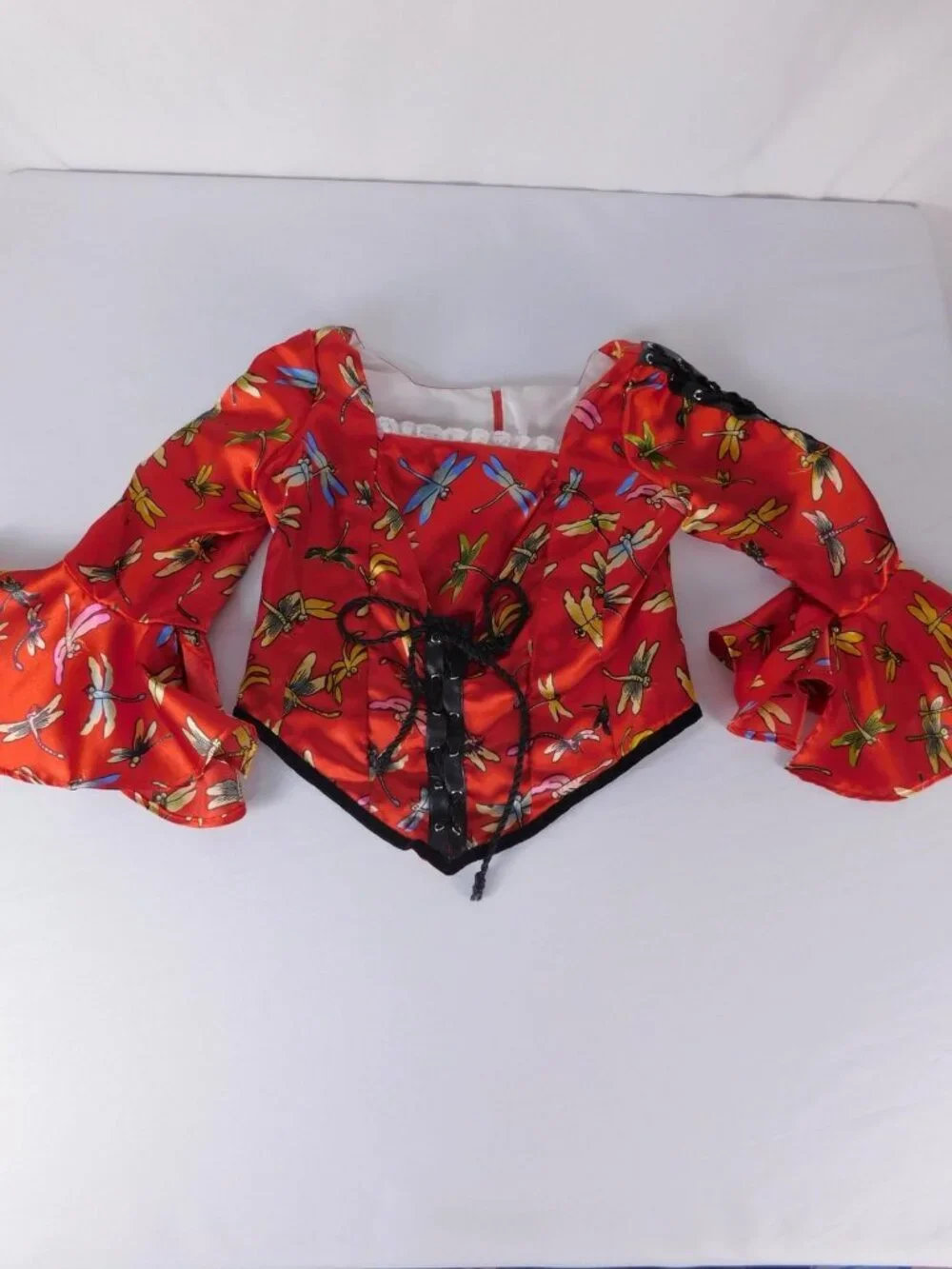 Handmade Blouse Girls 8 Red Dragonfly Print Satin Lace Up Bell Sleeve Cropped